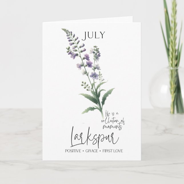 Tarjeta Julio Cumpleaños Mes de Nacimiento Flor Larkspur (Anverso)