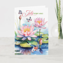 Tarjeta July Birthday Pink Waterlilies and Koi Fish