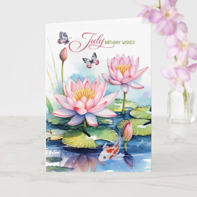 Tarjeta July Birthday Pink Waterlilies and Koi Fish (Orquídea)