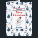 Tarjeta Jumbo Husband Navidades Snowman<br><div class="desc">Una hermosa tarjeta de Navidades del marido. El patrón de diseño presenta adorables hombres de nieve con sombreros y bufandas de santa roja y abetos azules cubiertos de nieve, todo en un fondo nevado. Todo el texto se puede modificar según sea necesario para el personalizar que, por lo tanto, lo...</div>