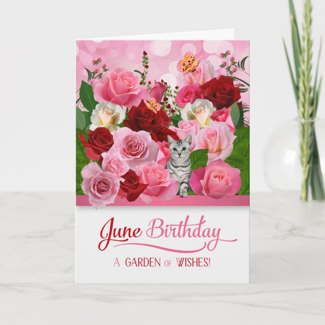 Tarjeta June Birthday Kitty in a Rose Garden (Anverso)