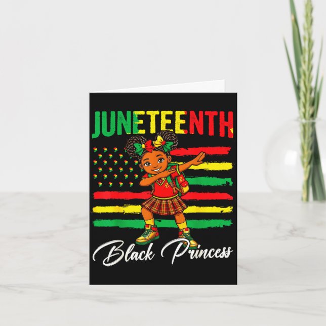 Tarjeta Juneteenth niña afro haciendo dabbing princesa neg (Anverso)