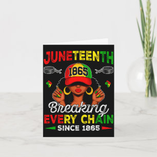 Tarjeta Juneteenth rompiendo cada cadena 1865 afro negra