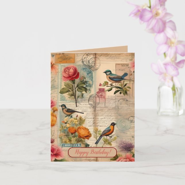 Tarjeta Junk Journal Seite mit Blumen + Vögeln -  (Orquídea)