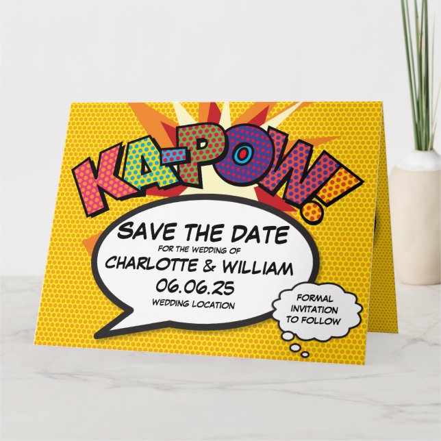 Tarjeta KA-POW Salva la Fecha Divertido Arte Pop de Cómic  (Anverso)