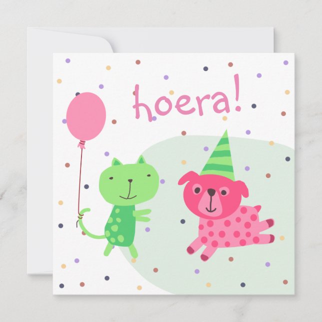 Tarjeta kaart felicitatie poes hond en ballon (Anverso)