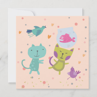 Tarjeta kaart felicitatie tekening 2 poezen en vis 