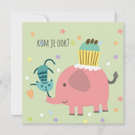 Tarjeta kaart uitnodiging feestje olifantje poes en taart
