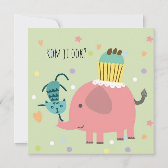 Tarjeta kaart uitnodiging feestje olifantje poes en taart (Anverso)
