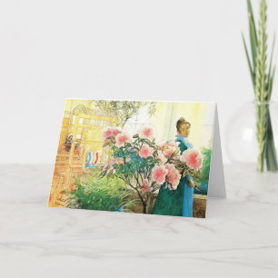 Tarjeta Karin con flores rosas y su telar