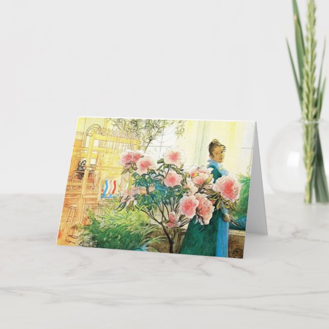 Tarjeta Karin con flores rosas y su telar (Anverso)