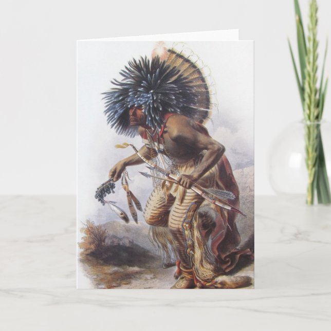 Tarjeta Karl Bodmer - guerrero de Moennitarri que hace (Anverso)