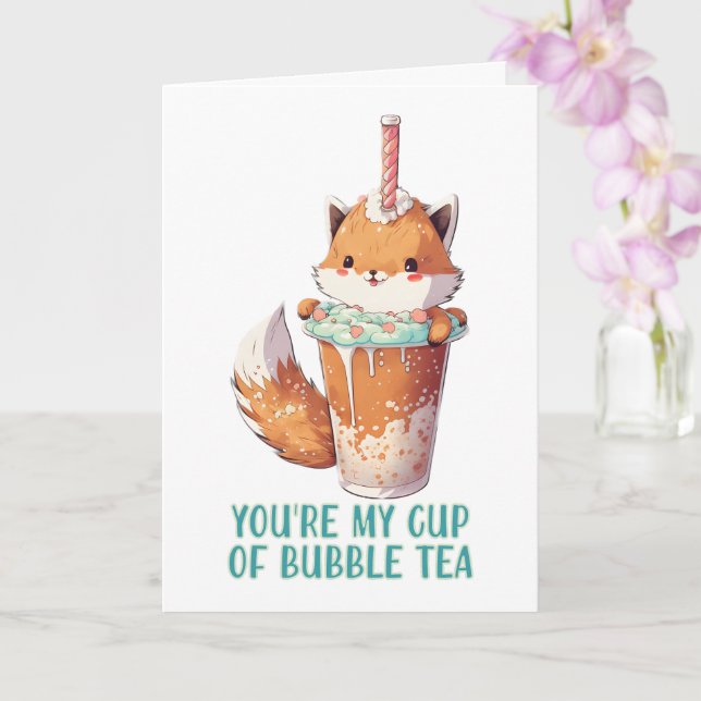 Tarjeta Kawai lindo baby fox eres mi taza de té de burbuja (Orquídea)