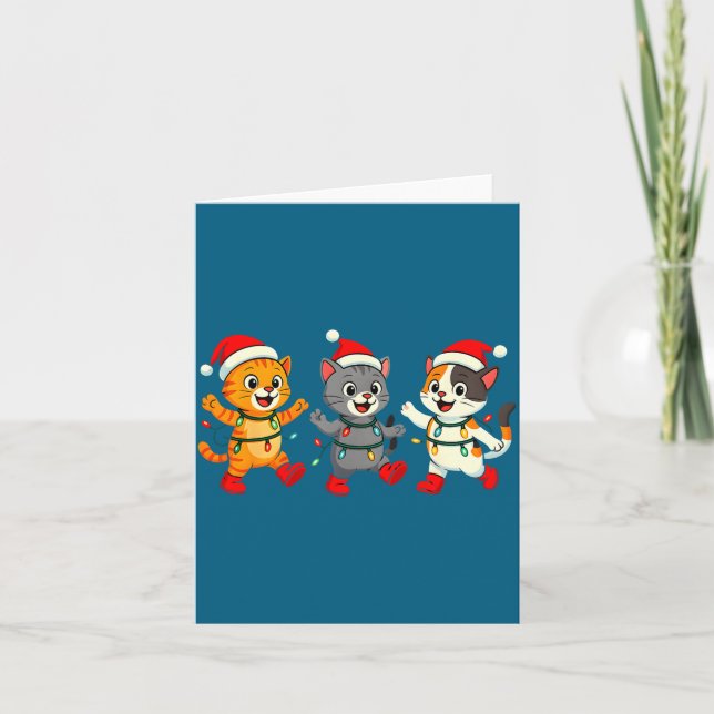 Tarjeta Kawaii Cats Santa Hat Dancing Lights Christmas Dan (Anverso)