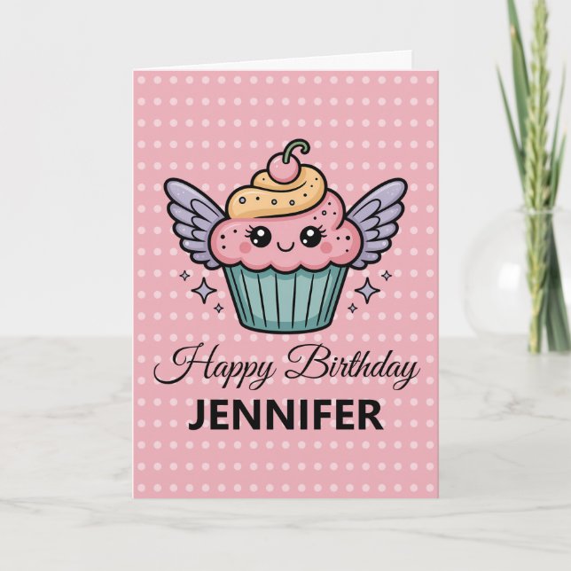 Tarjeta Kawaii Cupcake | Saludo de cumpleaños (Anverso)