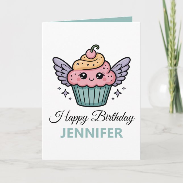 Tarjeta Kawaii Cupcake | Saludo de cumpleaños (Anverso)