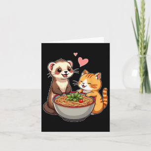Tarjeta Kawaii Ferret Y El Gato Comen Ramen Japonés Agrada