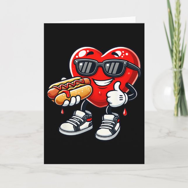 Tarjeta Kawaii Funny Heart Eating Hot Dog Valentine's Febr (Anverso)