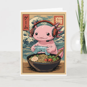 Tarjeta Kawaii Gamer Axolotl Ramen Lindo Japonés Jugando