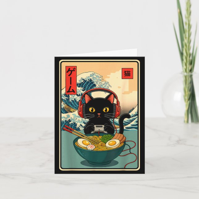 Tarjeta Kawaii Gamer Cat Ramen Retro Japanese Funny Cat Ga (Anverso)