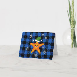 Tarjeta Kawaii Navidad Starfish en patrón de búfalo azul