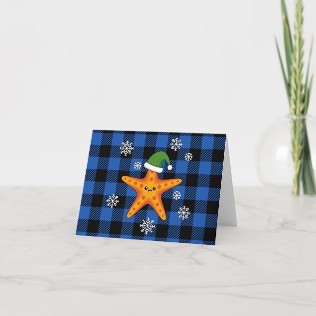 Tarjeta Kawaii Navidad Starfish en patrón de búfalo azul (Anverso)