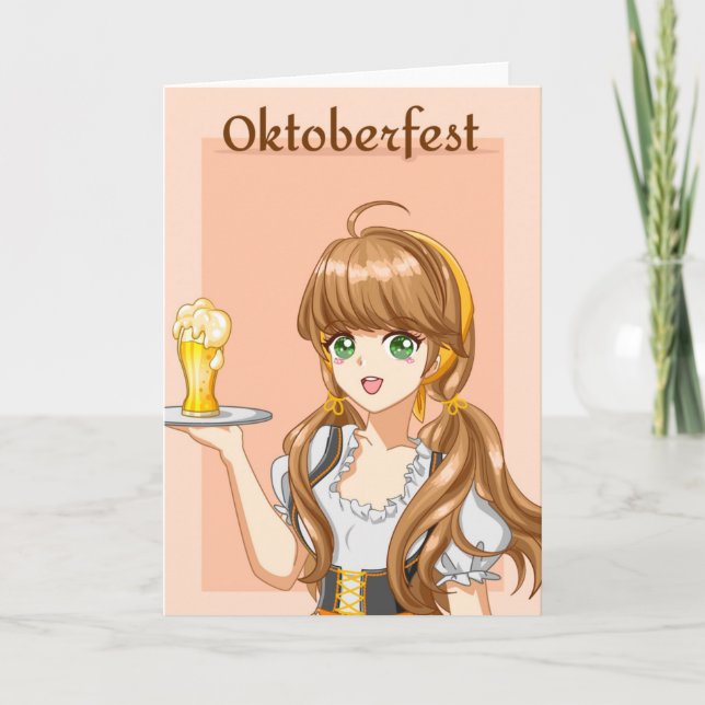 Tarjeta Kawaii Oktoberfest doncella con cerveza (Anverso)