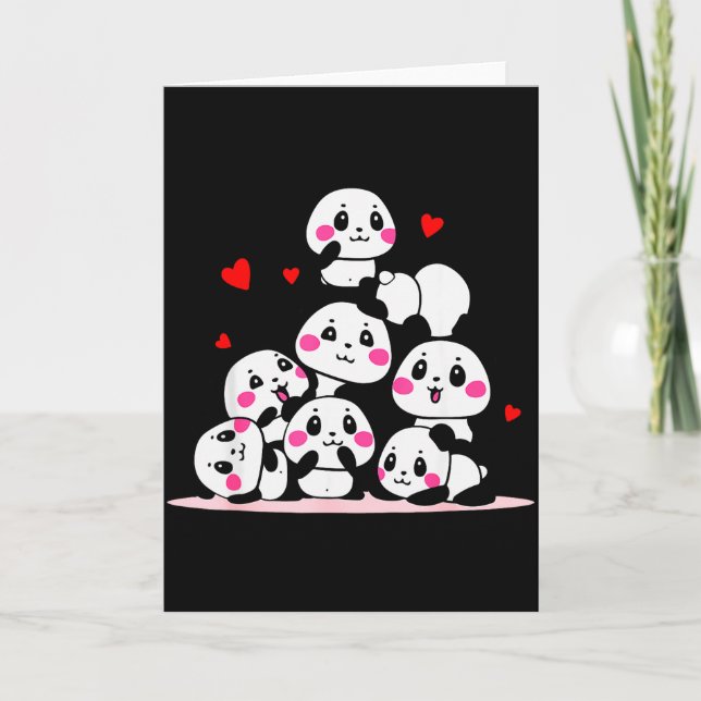 Tarjeta Kawaii Panda Bebé Lindo Montón Con Corazones Rojos (Anverso)
