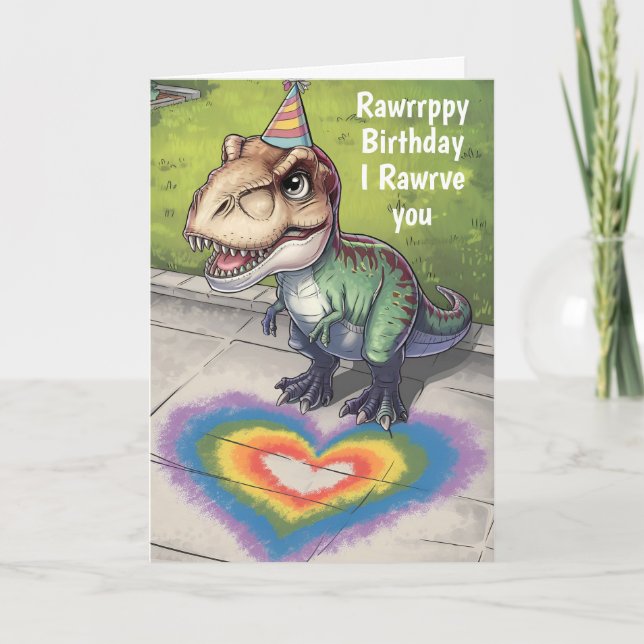Tarjeta Kawaii trex arcoíris escucha en la acera (Anverso)