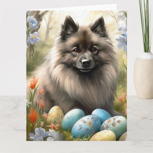 Tarjeta Keeshond con huevos de Pascua (Anverso)