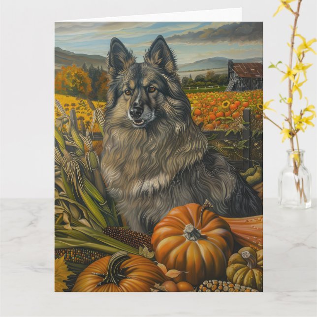 Tarjeta Keeshond Dog Autumn Harvest Acción de Gracias (flor amarilla)