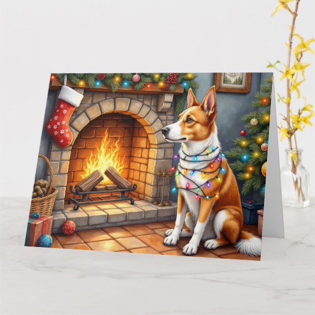 Tarjeta Kelpie Australiano Chimenea con Luces de Navidad (flor amarilla)