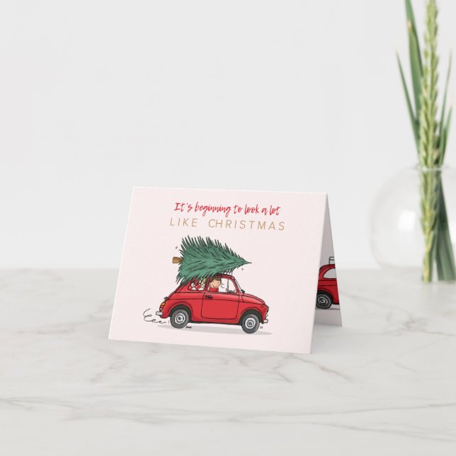 Tarjeta Kerstkaart Fiat 500 rood met kerstboom (Anverso)