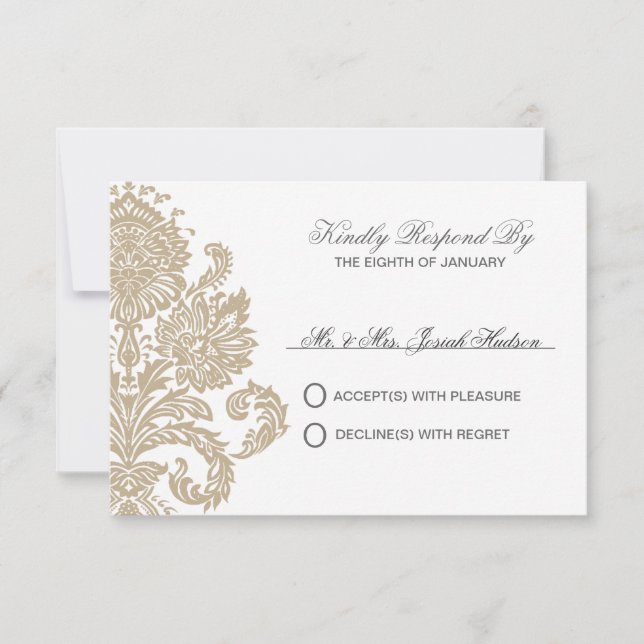 Tarjeta Khaki Damask Border Boda DIY RSVP (Anverso)