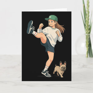 Tarjeta Kickboxer de anime paseando perro bulldog francés