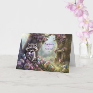Tarjeta Kid Happy Easter Cute Raccoon and Easter Eggs