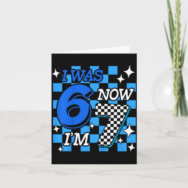 Tarjeta Kids Blue Checkered I Was 6 Now I'm 7 Birthday Boy (Anverso)