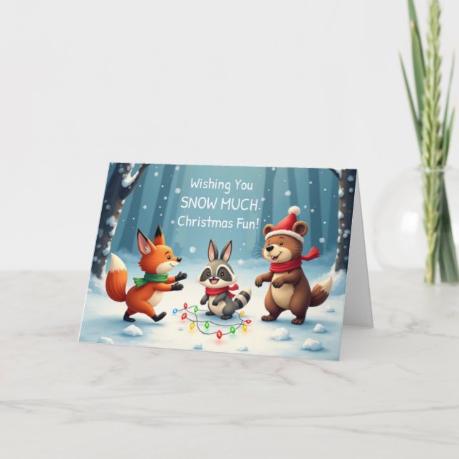 Tarjeta Kids Christmas Snow Much Fun with Woodland Animals (Anverso)