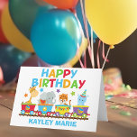 Tarjeta Kids Circus Animal Train Cute Personalizado Cumple<br><div class="desc">Esta adorable tarjeta de cumpleaños feliz de tren de animales de circo incluye animales de zoológico en un safari. El tren contiene una jirafa,  un elefante,  un tigre y un hipopótamo lindo sobre el monograma de sus hijos escrito con naranja fresco,  verde,  rojo y azul.</div>