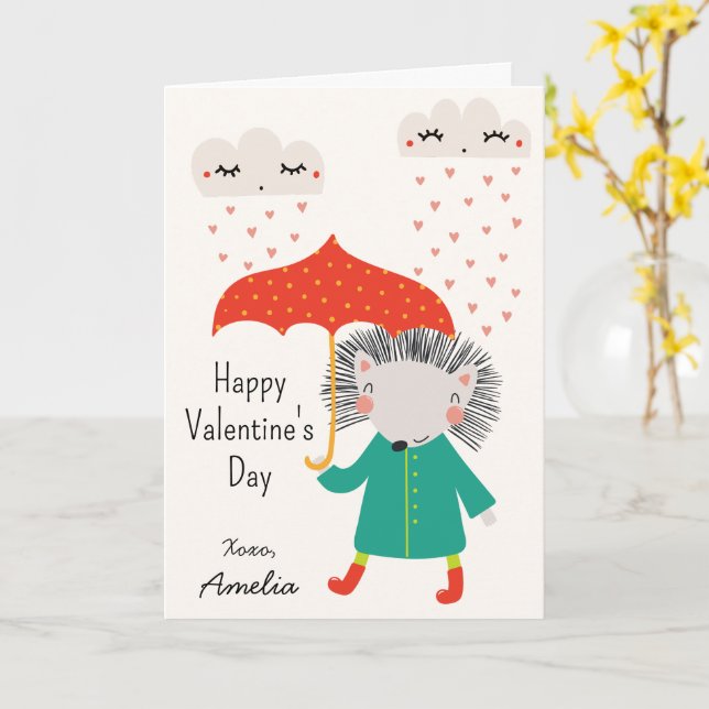 Tarjeta Kids Classroom Cute Hedgehog Valentine's Day (flor amarilla)