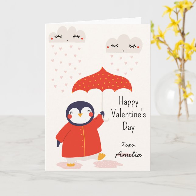 Tarjeta Kids Classroom Cute Penguin Valentine's Day (flor amarilla)