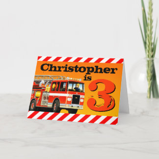 Tarjeta Kids Custom Name Red Fire Truck Happy 3º cumpleaño