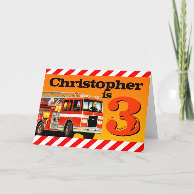 Tarjeta Kids Custom Name Red Fire Truck Happy 3º cumpleaño (Anverso)