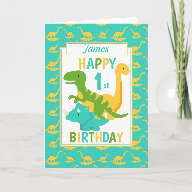 Tarjeta Kids Dinosaur 1er cumpleaños Azul (Anverso)