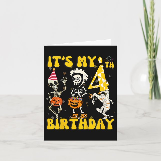 Tarjeta Kids It's My 4º Birthday Boy Funny Skeleton Pumpk (Anverso)