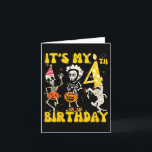 Tarjeta Kids It's My 4º Birthday Boy Funny Skeleton Pumpk<br><div class="desc">Niños: Es mi cuarto cumpleaños,  divertida calabaza de Skeleton Halloween</div>