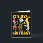 Tarjeta Kids It's My 4º Birthday Boy Funny Skeleton Pumpk<br><div class="desc">Niños: Es mi cuarto cumpleaños,  divertida calabaza de Skeleton Halloween</div>