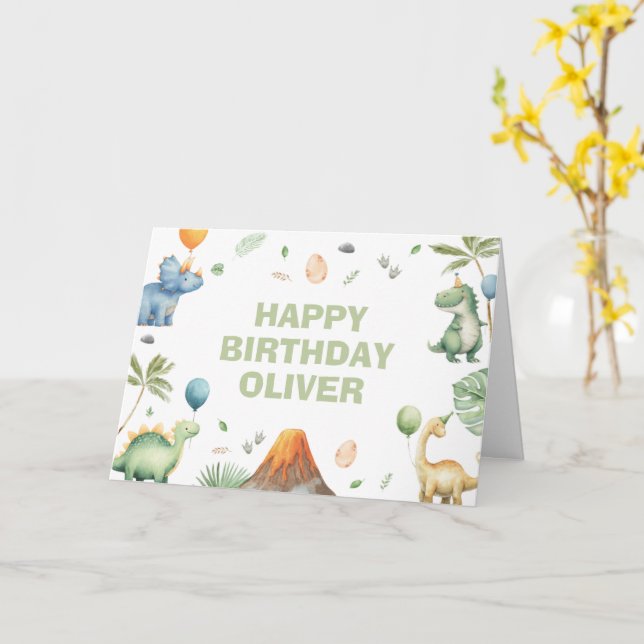 Tarjeta Kids Jurassic Dino Dinosaur Personalized Birthday  (flor amarilla)