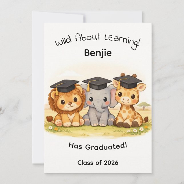 Tarjeta Kids Lion Elephant Giraffe Woodland Graduation (Anverso)