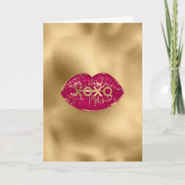 Tarjeta Kiss Red Lips Gold Glitter XOXO (Anverso)